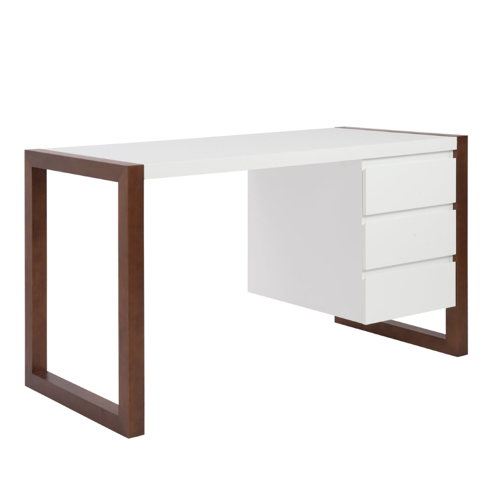 Manon Desk in Matte White with Dark Walnut Finish - Three Drawers