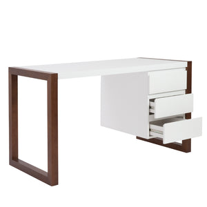 Manon Desk in Matte White with Dark Walnut Finish - Three Drawers