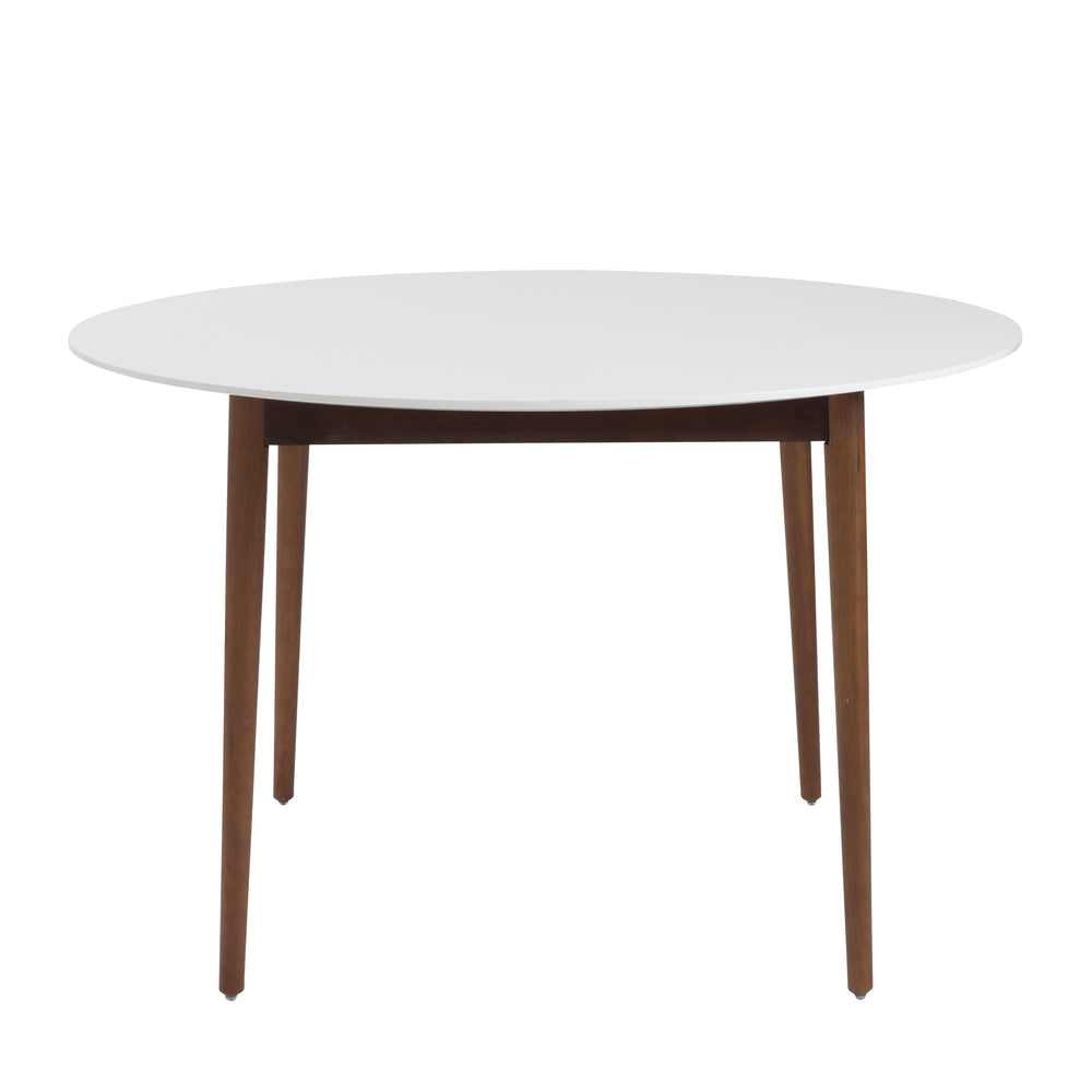 Manon Round Dining Table in Matte White with Dark Walnut Legs
