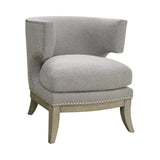 Contemporary Barrel Back Accent Chair in Grey Chenille with Weathered Legs & Nailhead Trim Design