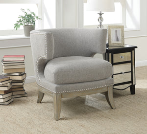 Contemporary Barrel Back Accent Chair in Grey Chenille with Weathered Legs & Nailhead Trim Design