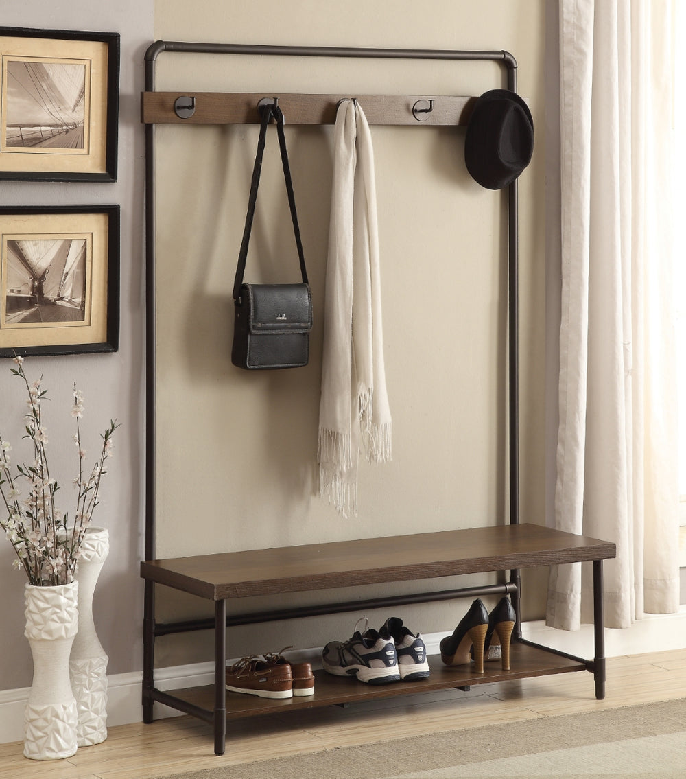 Contemporary Hall Tree in Chestnut Finish with 5 Hooks & Industrial Dark Bronze Frame for Entryway