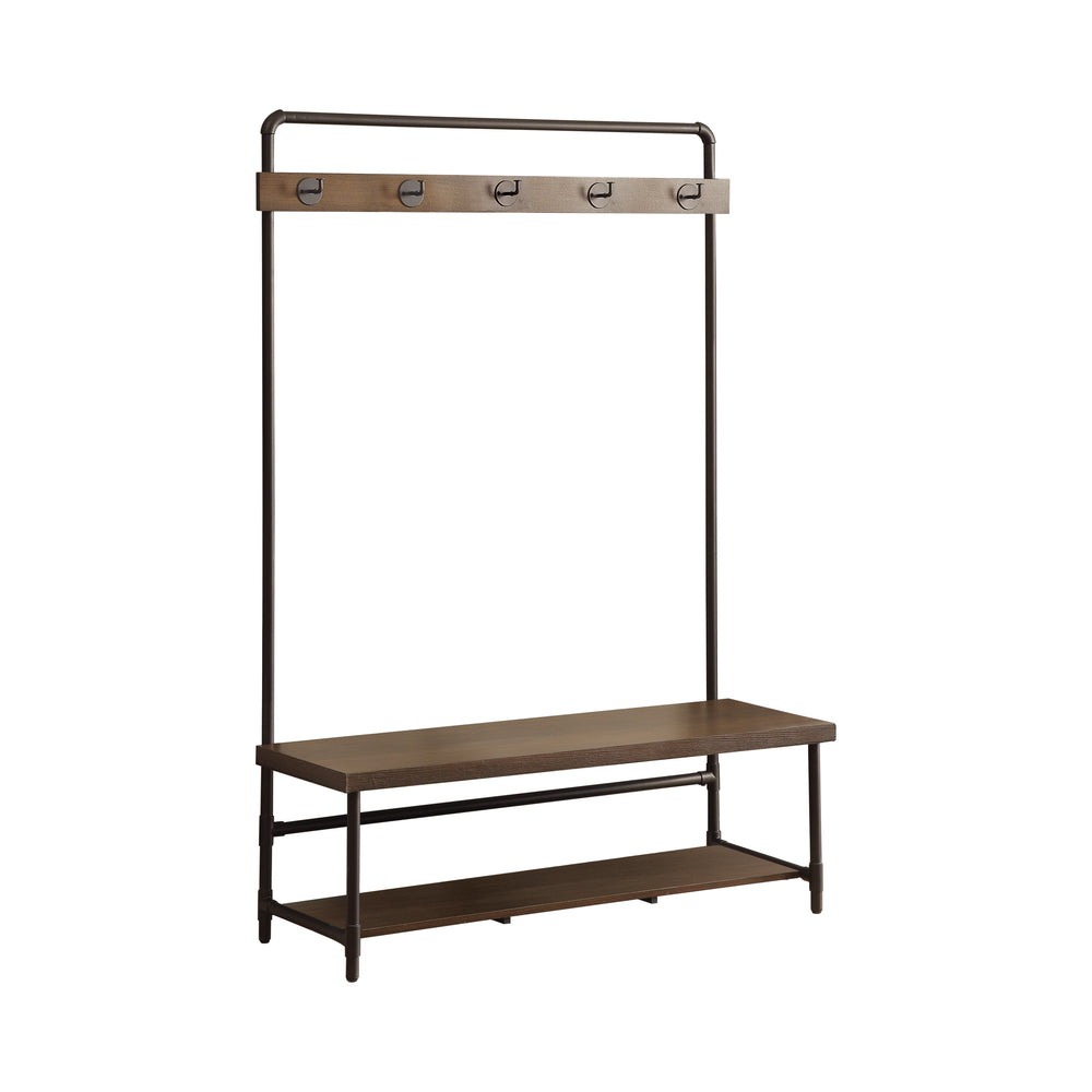 Contemporary Hall Tree in Chestnut Finish with 5 Hooks & Industrial Dark Bronze Frame for Entryway