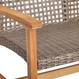 Hampton Outdoor 4 Piece Wood and Wicker Club Chair Set with Fire Pit, Natural with Mixed Mocha and Brown Noble House
