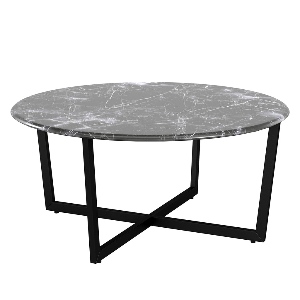 Llona 36" Round Coffee Table in Black Marble Melamine with Matte Black Base