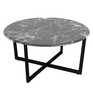 Llona 36" Round Coffee Table in Black Marble Melamine with Matte Black Base