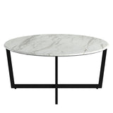 Llona 36" Round Coffee Table in White Marble Melamine with Matte Black Base