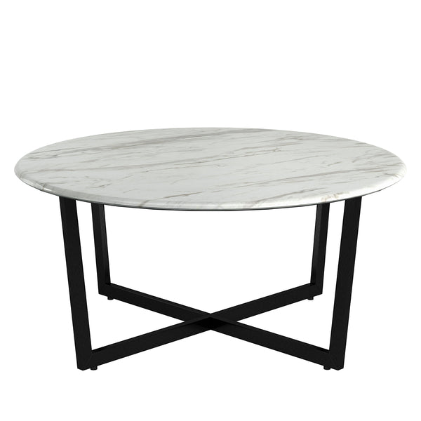 Llona 36" Round Coffee Table in White Marble Melamine with Matte Black Base