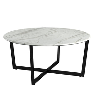 Llona 36" Round Coffee Table in White Marble Melamine with Matte Black Base