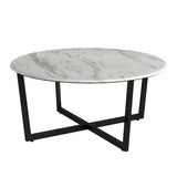 Llona 36" Round Coffee Table in White Marble Melamine with Matte Black Base