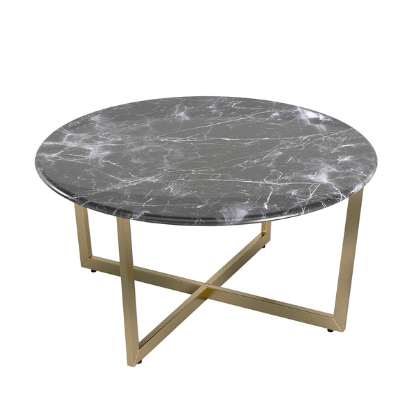 Llona 36" Round Coffee Table in Black Marble Melamine with Matte Gold Base