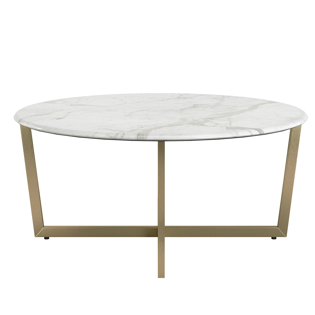 Llona 36" Round Coffee Table in White Marble Melamine with Matte Gold Base