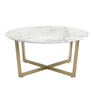 Llona 36" Round Coffee Table in White Marble Melamine with Matte Gold Base