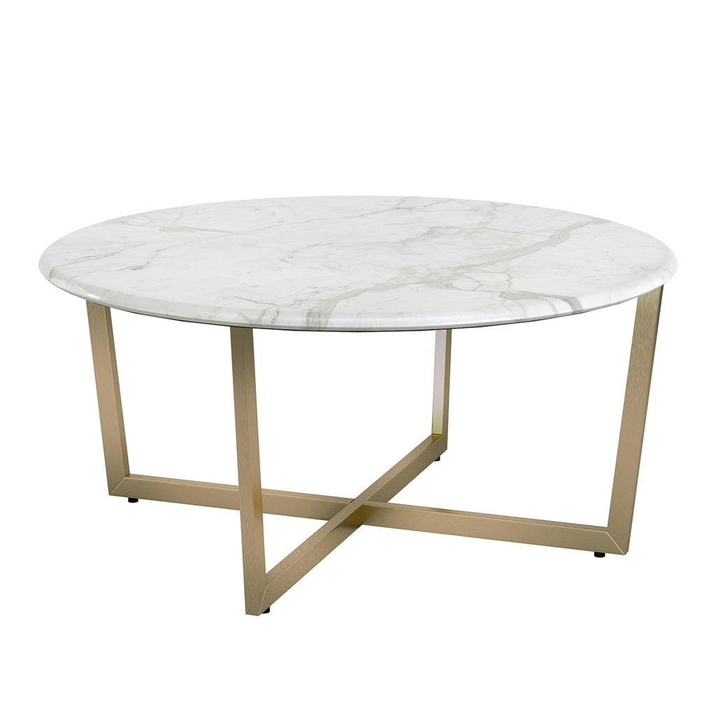 Llona 36" Round Coffee Table in White Marble Melamine with Matte Gold Base