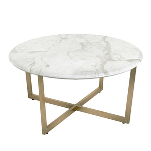 Llona 36" Round Coffee Table in White Marble Melamine with Matte Gold Base