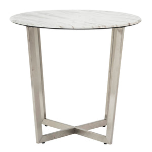 Llona 24" Round Side Table in White Marble Melamine with Brushed Stainless Steel Base