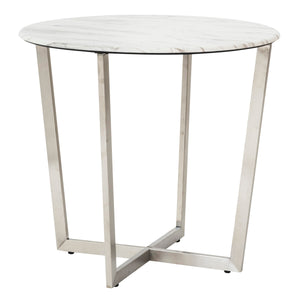 Llona 24" Round Side Table in White Marble Melamine with Brushed Stainless Steel Base