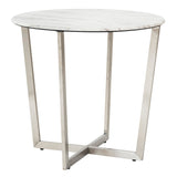 Llona 24" Round Side Table in White Marble Melamine with Brushed Stainless Steel Base