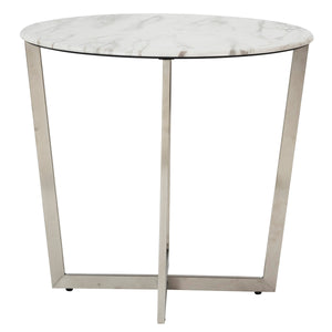 Llona 24" Round Side Table in White Marble Melamine with Brushed Stainless Steel Base
