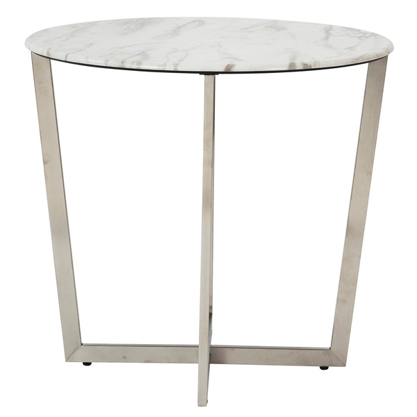 Llona 24" Round Side Table in White Marble Melamine with Brushed Stainless Steel Base