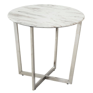 Llona 24" Round Side Table in White Marble Melamine with Brushed Stainless Steel Base