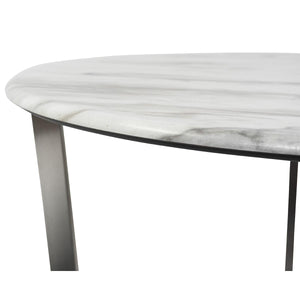 Llona 24" Round Side Table in White Marble Melamine with Brushed Stainless Steel Base