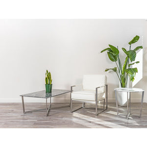 Llona 24" Round Side Table in White Marble Melamine with Brushed Stainless Steel Base