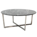 Llona 36" Round Coffee Table in Black Marble Melamine with Brushed Stainless Steel Base