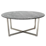 Llona 36" Round Coffee Table in Black Marble Melamine with Brushed Stainless Steel Base