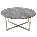 Llona 36" Round Coffee Table in Black Marble Melamine with Brushed Stainless Steel Base