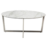 Llona 36" Round Coffee Table in White Marble Melamine with Brushed Stainless Steel Base