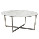 Llona 36" Round Coffee Table in White Marble Melamine with Brushed Stainless Steel Base