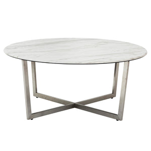 Llona 36" Round Coffee Table in White Marble Melamine with Brushed Stainless Steel Base
