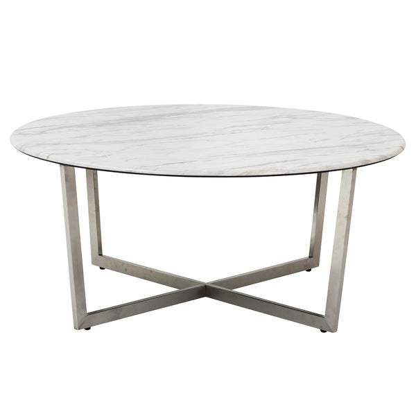 Llona 36" Round Coffee Table in White Marble Melamine with Brushed Stainless Steel Base