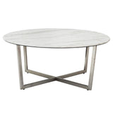 Llona 36" Round Coffee Table in White Marble Melamine with Brushed Stainless Steel Base