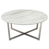 Llona 36" Round Coffee Table in White Marble Melamine with Brushed Stainless Steel Base