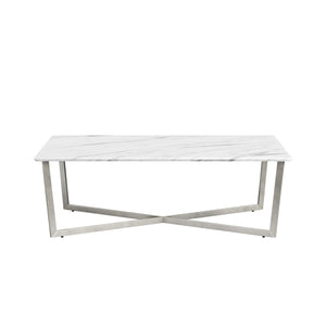 Llona 48" Rectangle Coffee Table in White Marble Melamine with Brushed Stainless Steel Base