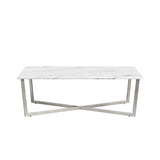 Llona 48" Rectangle Coffee Table in White Marble Melamine with Brushed Stainless Steel Base