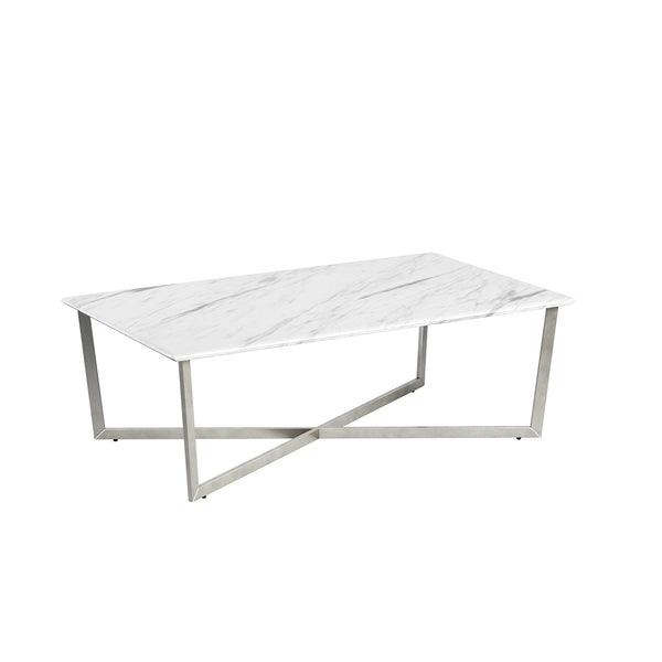 Llona 48" Rectangle Coffee Table in White Marble Melamine with Brushed Stainless Steel Base