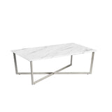 Llona 48" Rectangle Coffee Table in White Marble Melamine with Brushed Stainless Steel Base