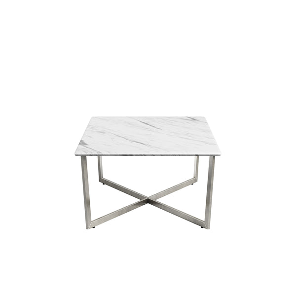 Llona 48" Rectangle Coffee Table in White Marble Melamine with Brushed Stainless Steel Base