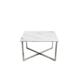 Llona 48" Rectangle Coffee Table in White Marble Melamine with Brushed Stainless Steel Base