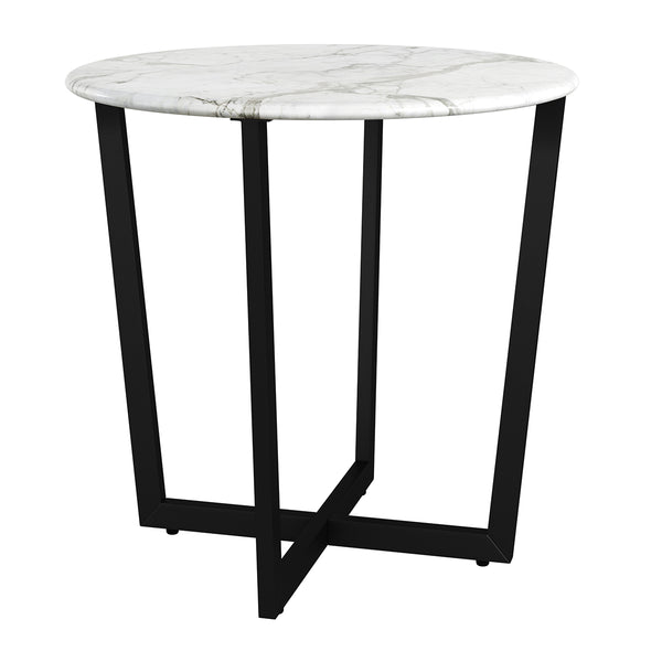 Llona 24" Round Side Table in White Marble Melamine with Matte Black Base
