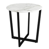 Llona 24" Round Side Table in White Marble Melamine with Matte Black Base