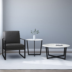 Llona 24" Round Side Table in White Marble Melamine with Matte Black Base