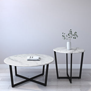 Llona 24" Round Side Table in White Marble Melamine with Matte Black Base