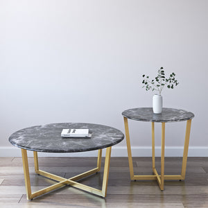 Llona 24" Round Side Table in Black Marble Melamine with Matte Gold Base
