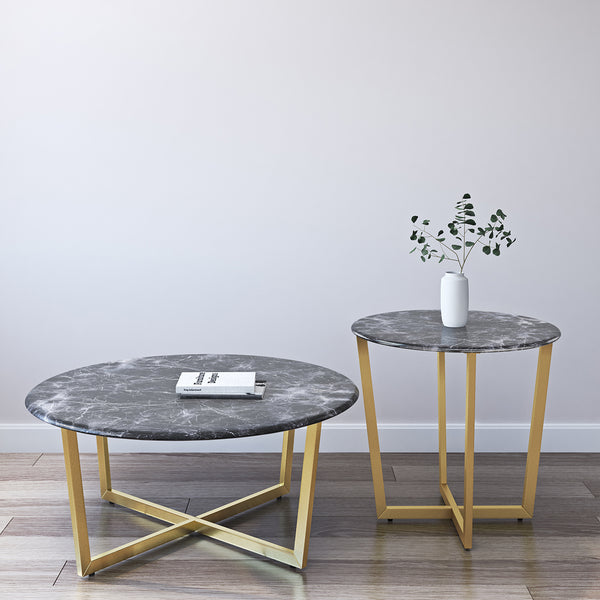Llona 24" Round Side Table in Black Marble Melamine with Matte Gold Base
