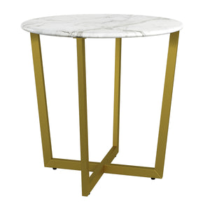 Llona 24" Round Side Table in White Marble Melamine with Matte Gold Base