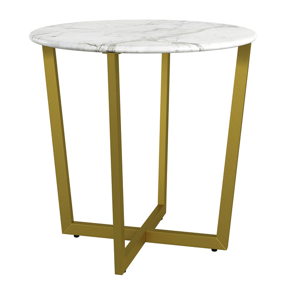 Llona 24" Round Side Table in White Marble Melamine with Matte Gold Base